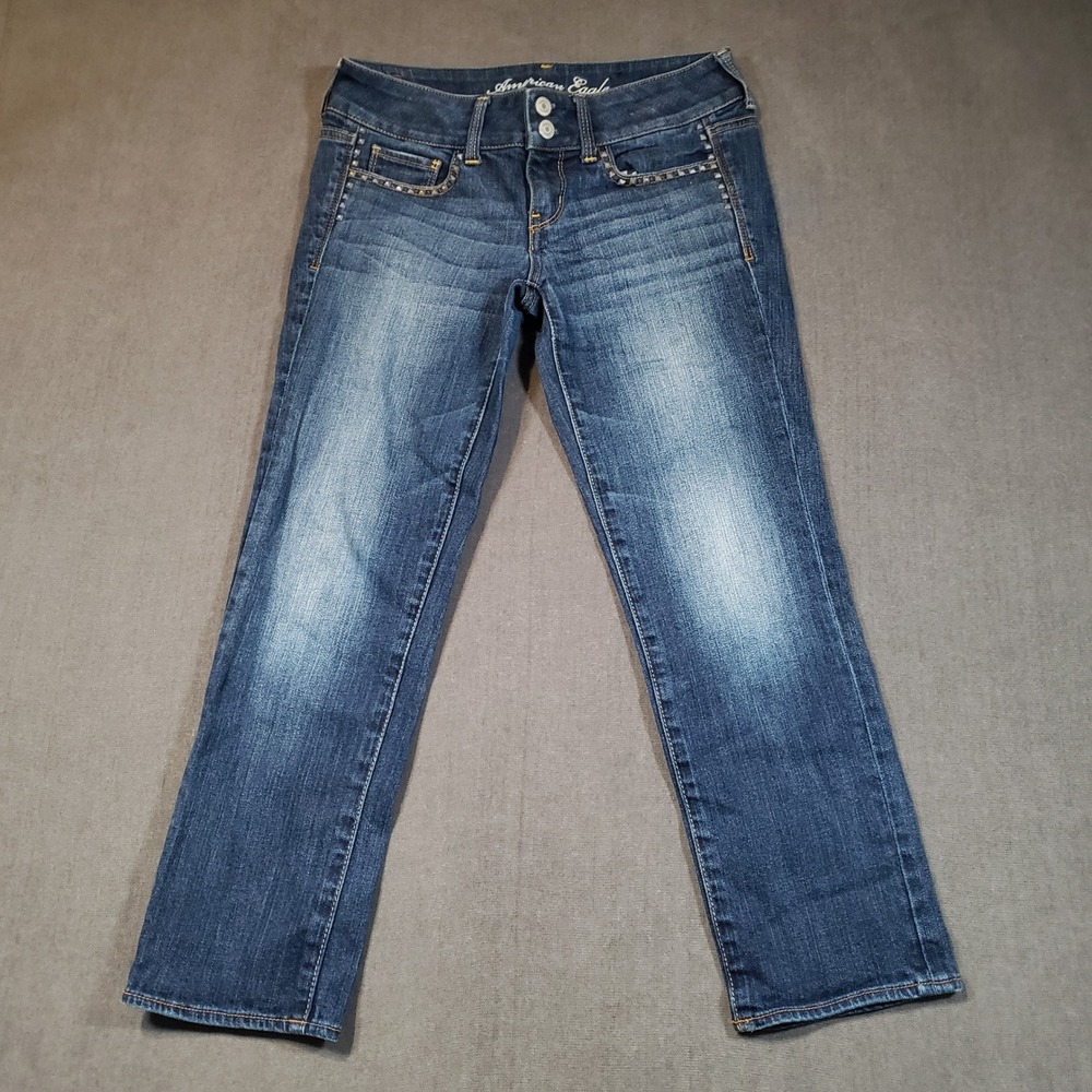 American Eagle Artist Capri Womens 4 Blue Studded Low Rise Straight Leg Denim